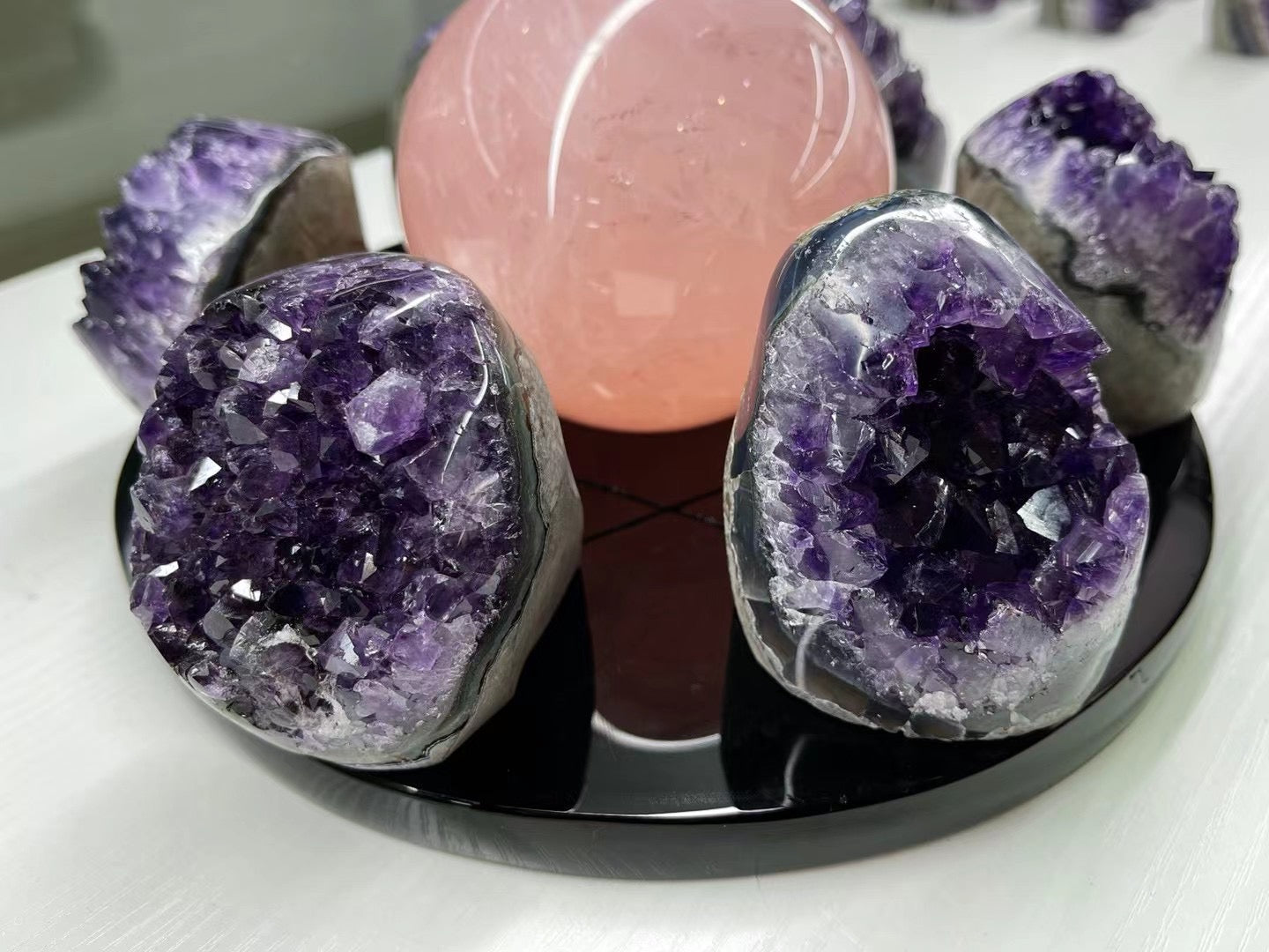 Seven Star Array Rose Quartz Sphere Amethyst Cluster