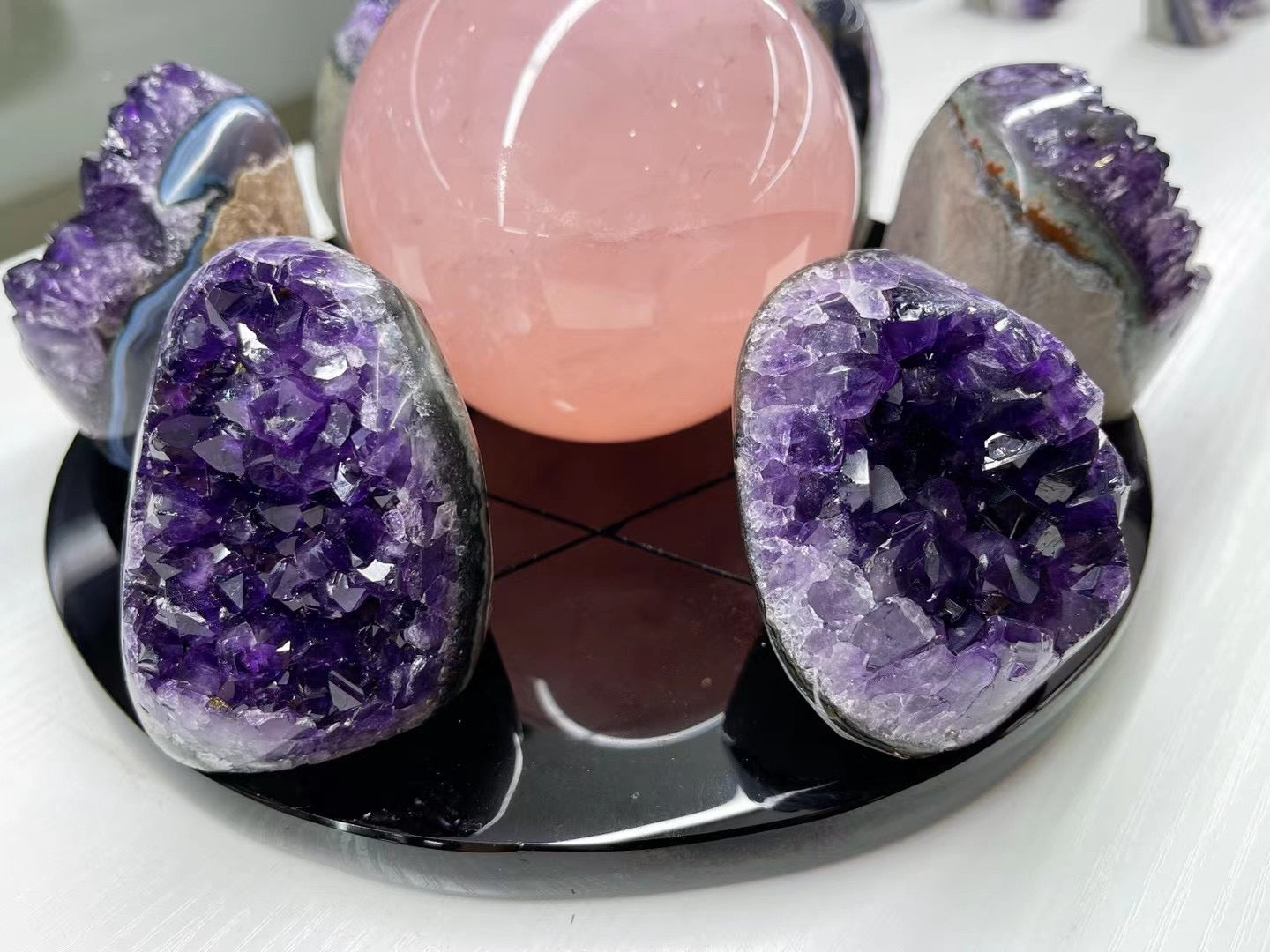 Seven Star Array Rose Quartz Sphere Amethyst Cluster