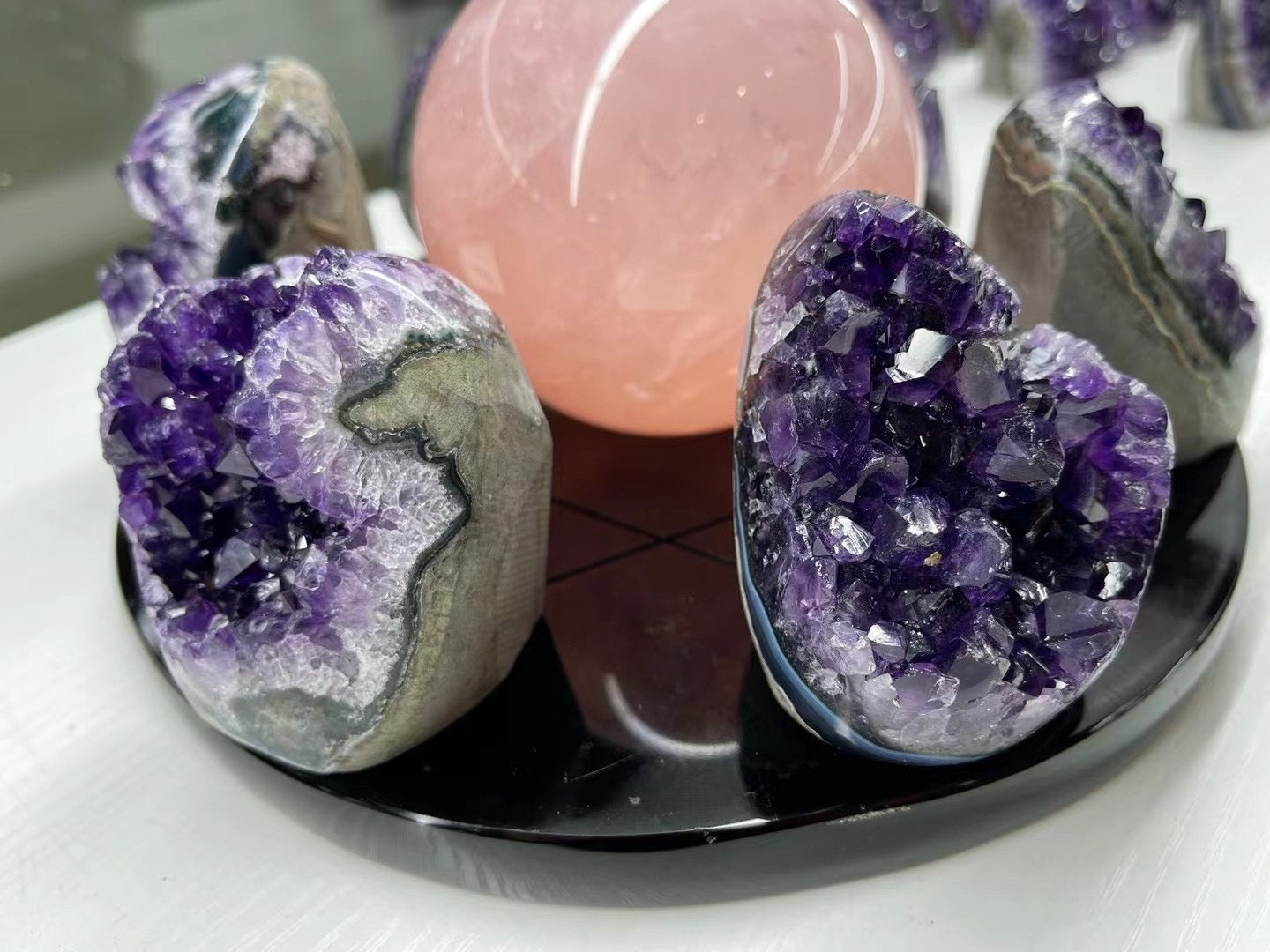 Seven Star Array Rose Quartz Sphere Amethyst Cluster